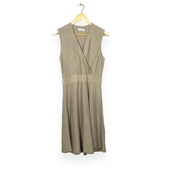 NWOT Calvin Klein A-Line Knit Metallic Mini Dress in Gold Size M - Picture 1 of 11